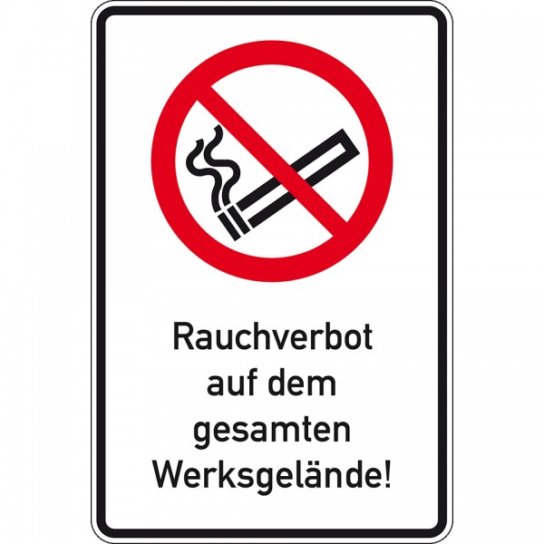 Dreifke® Schild I Verbots-Kombischild Rauchverbot auf dem Werksgelände, Aluminium RA0, 600x900mm, DIN EN ISO 7010, nach StVO P002