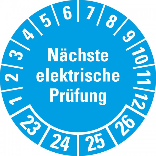 Dreifke® Aufkleber I Prüfplakette Nächste elektrische Prüfung 23-26, hellblau, Dokumentenfolie, Ø30mm, 18 Stück