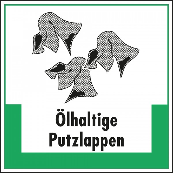 Dreifke® Schild I Abfallkennzeichen Ölhaltige Putzlappen, mit Symbol und Text, Kunststoff, 200x200mm