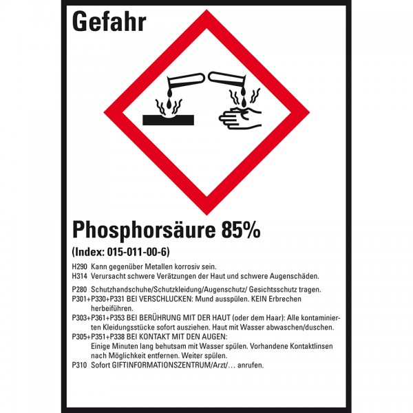 Dreifke® GHS-Etikett Phosphorsäure 85%, GefStoffV/GHS/CLP, Folie, 52x74mm, 10/Bogen