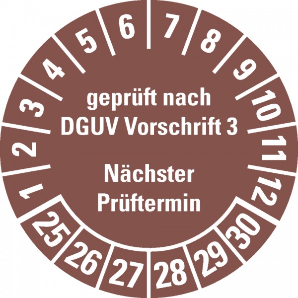 Dreifke® Prüfplakette geprüft DGUV Vorschrift 3, 25-30, braun, Folie, ablösbar, Ø 30mm, 108/Heft