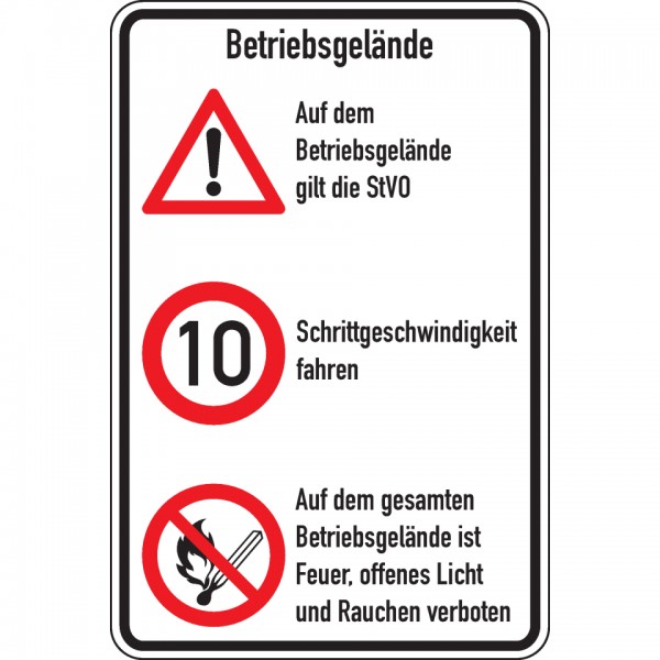 Dreifke® Schild I Kombischild Betriebsgelände, STVO und 10 km/h + Feuer offenes..., Aluminium, 600x900mm, nach StVO