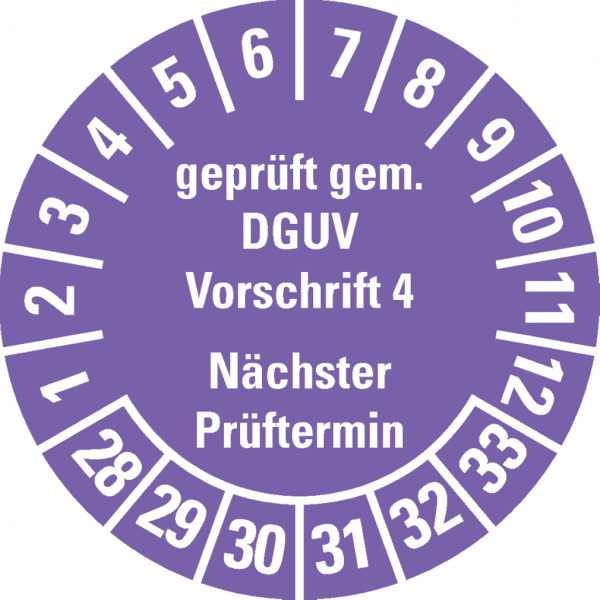Dreifke® Prüfplakette Geprüft gem.DGUV Vorschrift 4, 28-33, violett, Dokufolie, Ø30mm, 18 Stk.