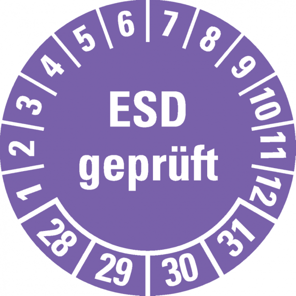 Dreifke® Prüfplakette ESD geprüft 28-31, violett, Dokumentenfolie, Ø 30mm, 18 Stk.