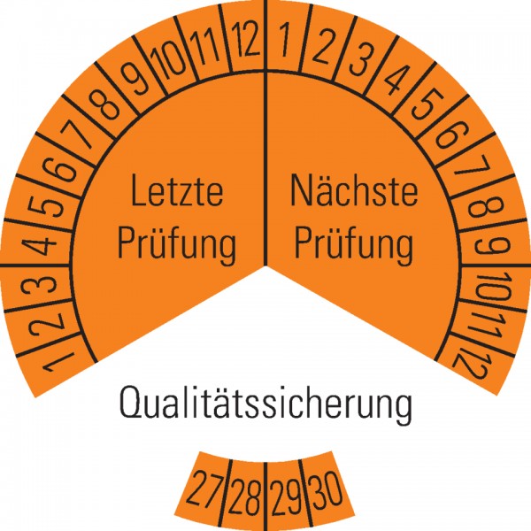 Dreifke® Prüfplakette Qualitätssicherung 27-30,orange,Dokumentenfolie,Ø30mm,18 St/Bogen