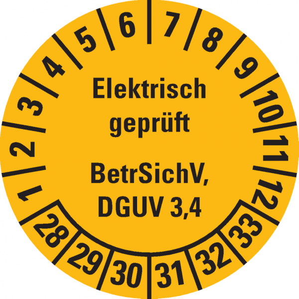 Dreifke® Prüfplakette Elektr.geprüft, BetrSichV, DGUV 3/4, 28-33, gelb, Dokufolie, Ø 30mm, 18 Stk.