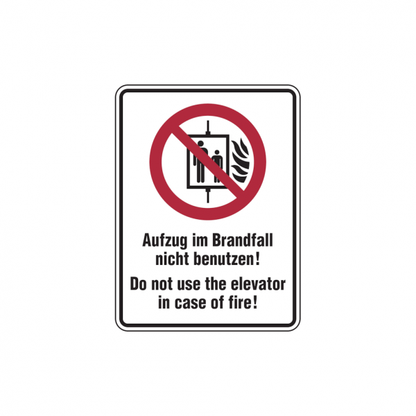 Dreifke® Kombischild, Aufzug im Brandfall nicht benutzen, Deutsch/Englisch - DIN EN ISO 7010 | Folie selbstklebend | 100x150 mm, 1 Stk