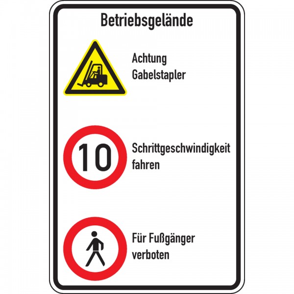 Dreifke® Schild I Kombischild Betriebsgelände, Stapler und 10km/h und Fußgänger, Aluminium RAO, 600x900mm, DIN EN ISO 7010, nach StVO W014