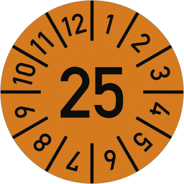 Dreifke® Prüfplakette Jahr 25 mit Monaten, orange, Folie-Spezialkl., Ø 10 mm, 10 St./Bo.