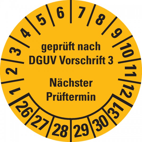 Dreifke® Prüfplakette geprüft DGUV Vorschrift 3, 26-31, gelb, Folie, ablösbar, Ø 30mm, 108/Heft