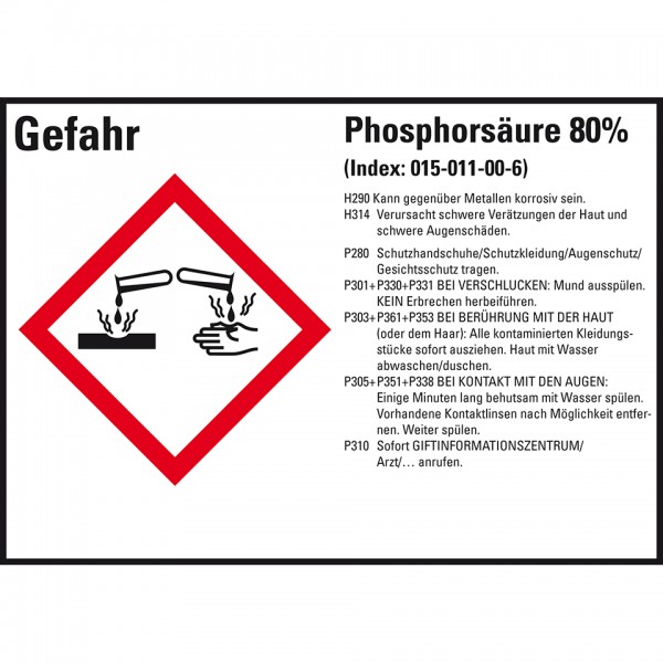 GHS-Etikett Phosphorsäure 80% gem.GefStoffV/GHS/CLP Folie 52x74mm 10/Bogen 