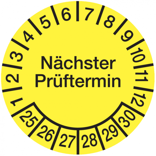 Dreifke® Aufkleber Prüfplakette, Nächster Prüftermin, Folie, gelb/schwarz, Ø 15 mm - Bogen = 10 Plaketten, Folie selbstklebend 10 Stk.