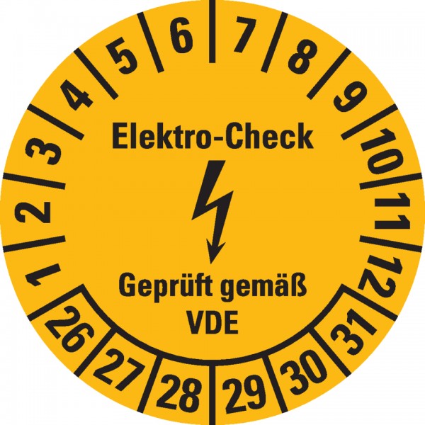 Dreifke® Prüfplakette Elektro-Check, VDE, 26-31, gelb, Dokumentenfolie, Ø 20mm, 500/Rolle