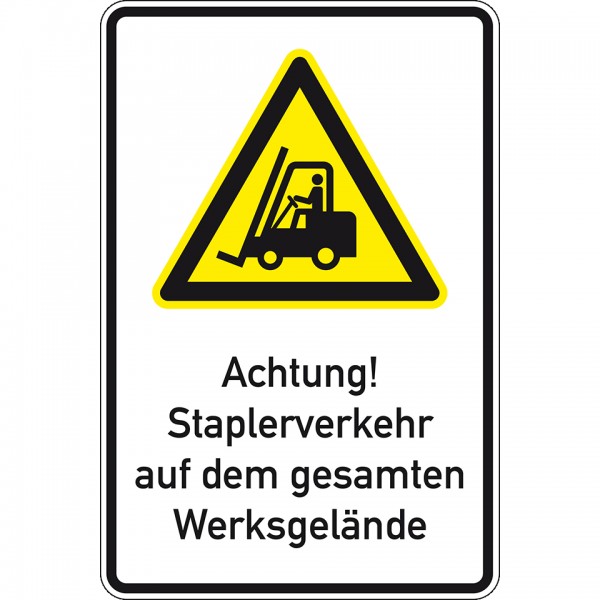 Dreifke® Schild I Warn-Kombischild Staplerverkehr auf dem Werksgelände, Aluminium RA0, 600x900mm, DIN EN ISO 7010, nach StVO W014