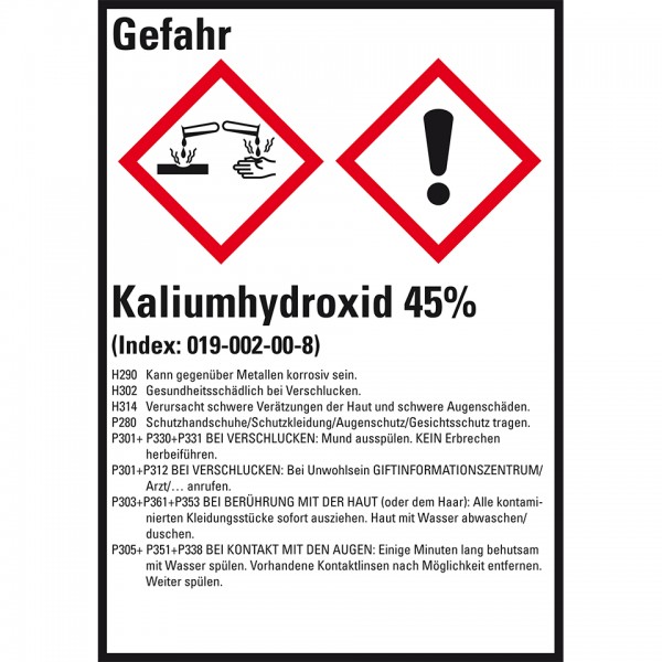 Dreifke® Aufkleber I GHS-Etikett Kaliumhydroxid 45%, GefStoffV/GHS/CLP, Folie, 52x74mm, 10/Bogen