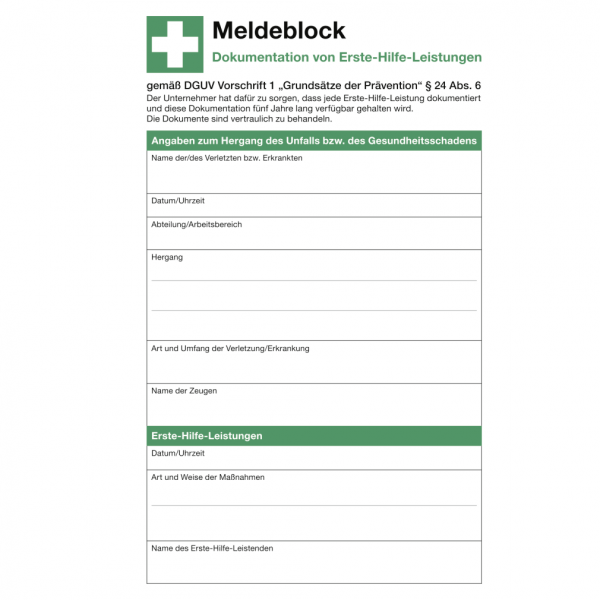 Meldeblock zur Dokumentation von Erste-Hilfe-Leistungen, DIN A5, 50 Blatt