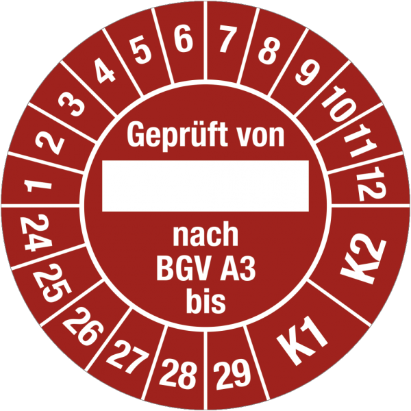 Dreifke® Prüfplakette Geprüft von nach BGV A 3 bis K1/K2 2024-2029,Folie,Ø30 mm,10St./Bogen