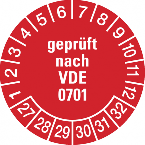 Dreifke® Prüfplakette geprüft nach VDE 0701 ab 27 rot/weiß - 30 mm Folie selbstklebend, 10 St