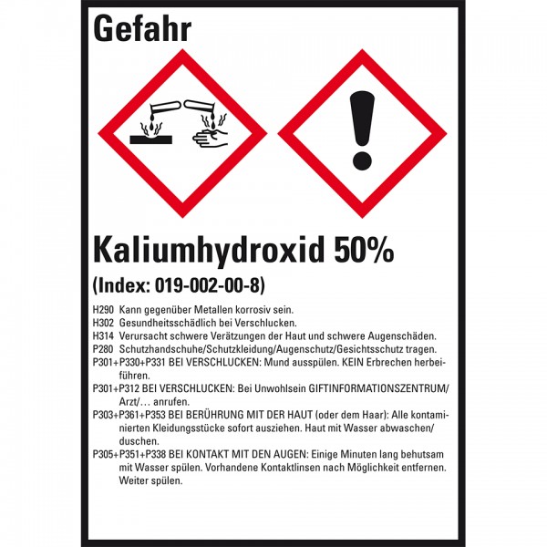 Dreifke® Aufkleber I GHS-Etikett Kaliumhydroxid 50%, GefStoffV/GHS/CLP, Folie, 52x74mm, 10/Bogen