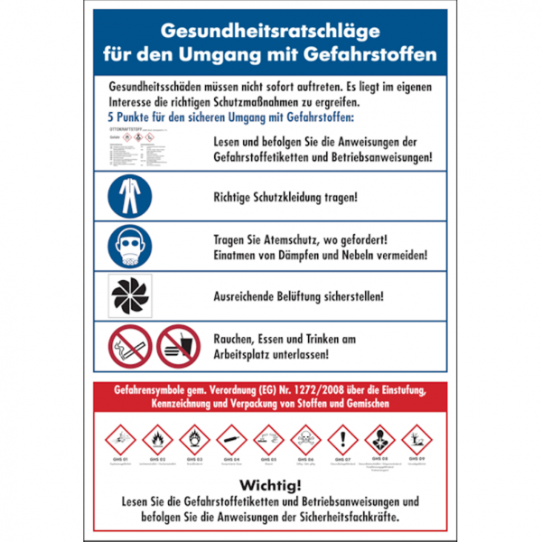 Dreifke® Aushang, Gesundheitsratschläge für den Umgang mit Gefahrstoffen - GHS/ISO 7010 Piktogramme, PVC 1 Stk.