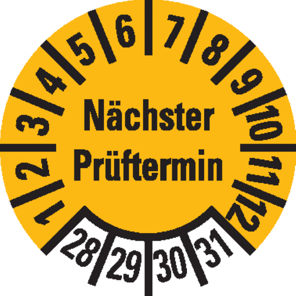 Dreifke® Prüfplakette Nächster Prüftermin, 28-31, gelb, Folie, ablösbar, Ø 10mm, 384 Stk.