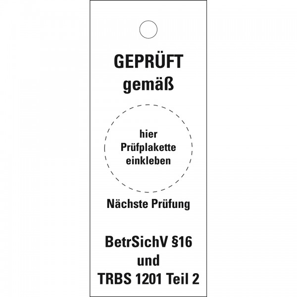 Dreifke® Grundetikett f.Rohrl. BetrSichV §16/TRBS 1201, m.Kabelb.Kunststoff, 40x100mm, 10/VE