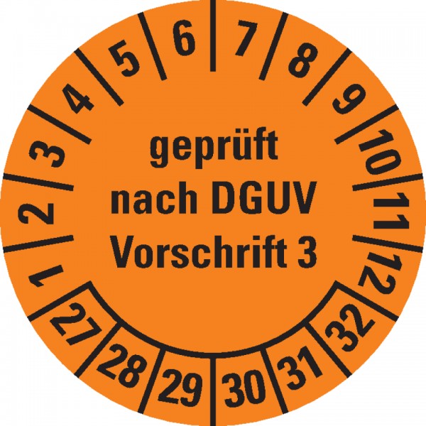 Dreifke® Prüfplakette gepr. DGUV Vorschrift 3,27-32,orange,Folie,ablösbar,Ø 20mm,180/Heft