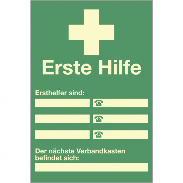 Dreifke® Schild Ersthelfer Verzeichnis zur Selbstbeschriftung,Kunststoff,nachleucht., 200x300 mm