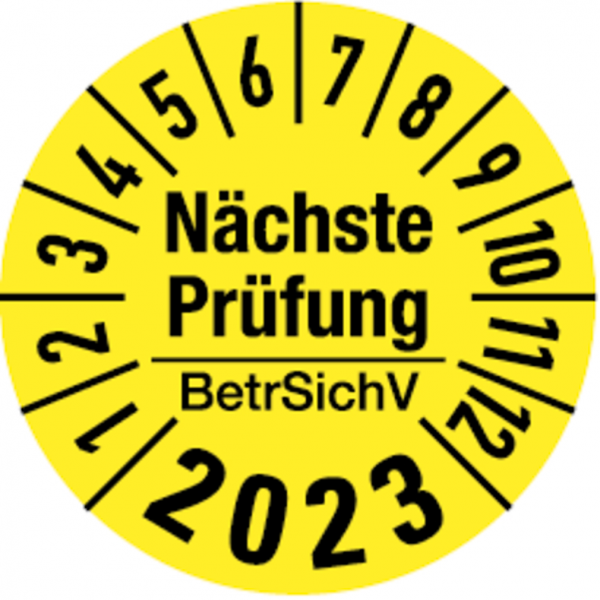 Dreifke® Jahresprüfplakette, Nächste Prüfung BetrSichV, gelb/schwarz, Folie, Ø 30 mm - Bogen = 10 Plaketten, Folie selbstklebend 10 Stk.