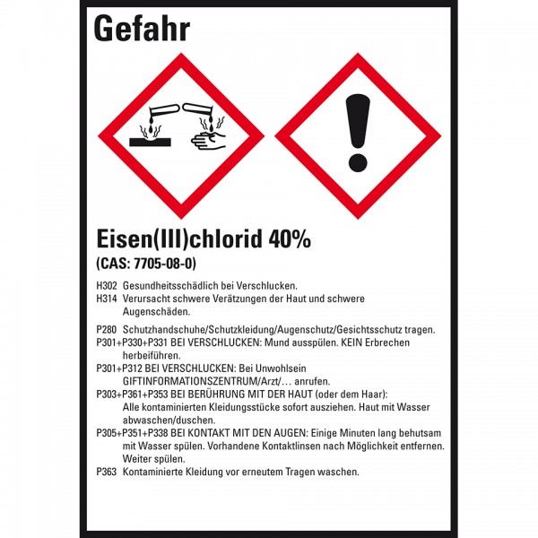 Dreifke® Aufkleber I GHS-Etikett Eisen(III)chlorid 40%, GefStoffV/GHS/CLP, Folie, 52x74mm, 10/Bogen