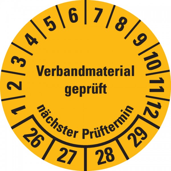 Dreifke® Prüfplakette Verbandmaterial geprüft, NP 26-29, gelb, Dokufolie, Ø 35mm, 10 Stück
