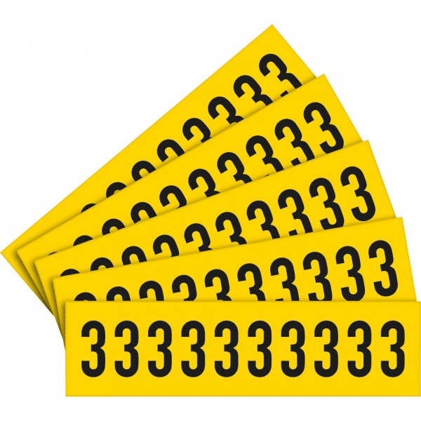 Dreifke® Aufkleber I Selbstklebende Ziffer 3, gelb/schwarz, Folie, Schrifthöhe 60mm, 5 Bogen/VE, 10/BOG