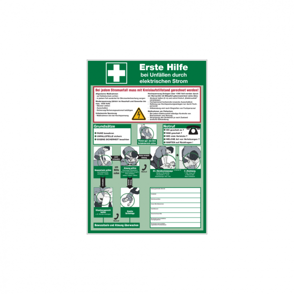 Dreifke® Aushang, Erste Hilfe bei Unfällen durch elektrischen Strom - praxisbewährt | Folie selbstklebend | 410x595 mm, 1 Stk