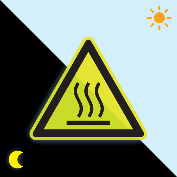 PERMALIGHT power langnachleuchtend Warnschild Warnung vor heißer Oberfläche, ISO, Alu, fluoreszierend, SL 200mm