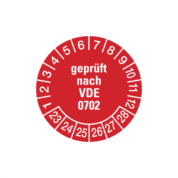 Dreifke® Aufkleber Prüfplakette, geprüft nach VDE 0702, rot/weiß, Ø 30 mm - Bogen = 10 Plaketten, Folie selbstklebend 10 Stk.