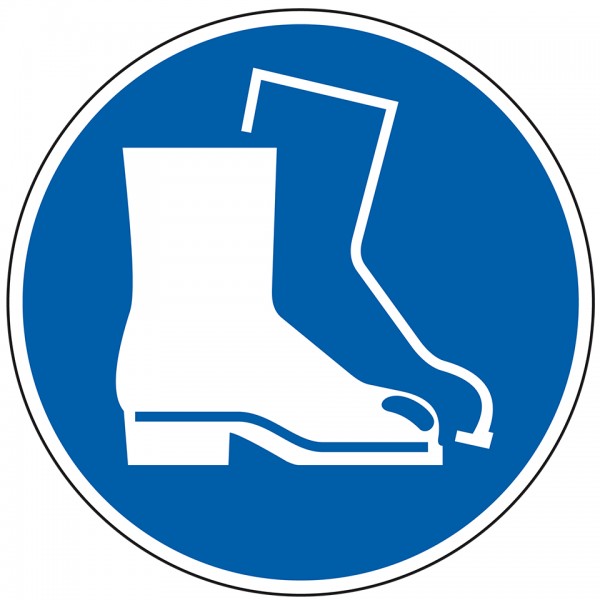 Dreifke® Aufkleber (Folie) &quot;Fußschutz benutzen&quot;, Ø30cm, Folie selbstklebend, 1 Stück, Gebotszeichen (M008) gem. ISO 7010