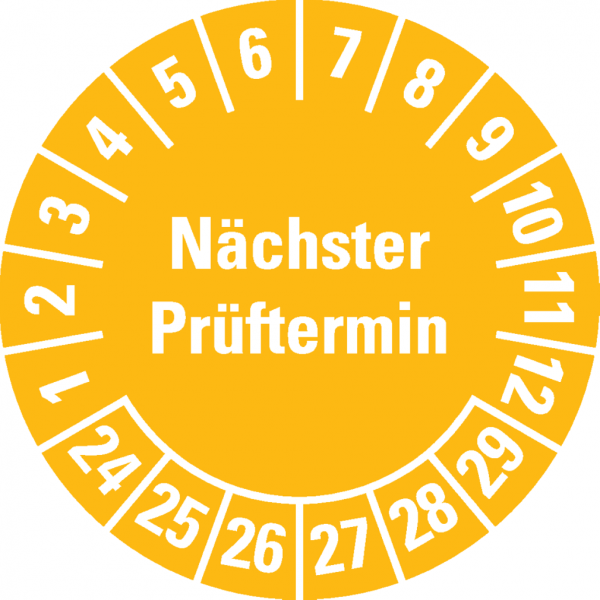 Dreifke® Prüfplakette Nächster Prüftermin 24-29, gelb, Schachbrettfolie, Ø 30mm, 18 Stk.