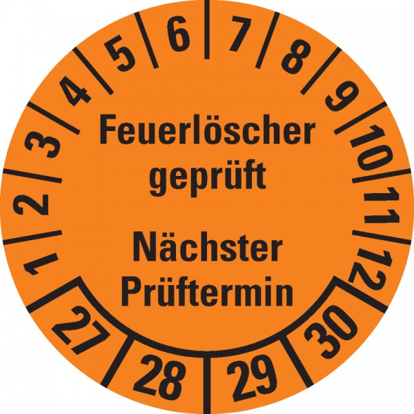 Dreifke® Prüfplakette Feuerlöscher geprüft,NP,27-30,orange,Dokufolie,Ø 30mm,18 St/Bogen