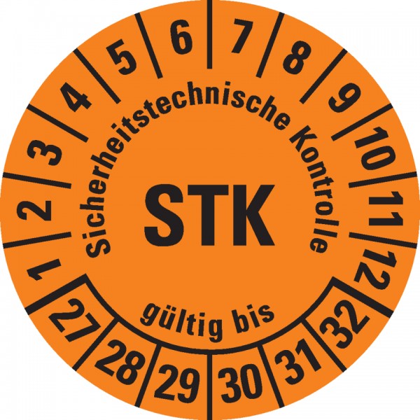 Dreifke® Prüfplakette STK 27-32,orange,Folie,m.Spezialkl.Oberflächenschutz,Ø30mm,18/BOG