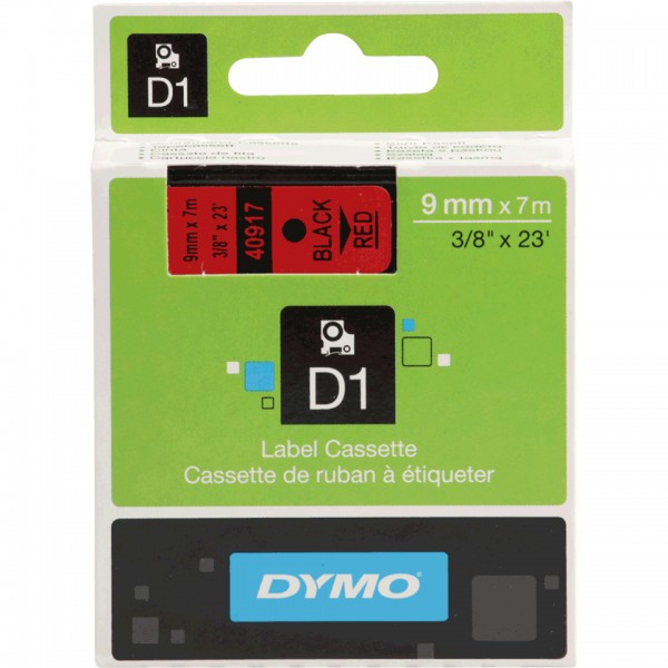 DYMO Schriftbandkassette, Schrift: schwarz, Grund: rot, Breite 9mm, 7m