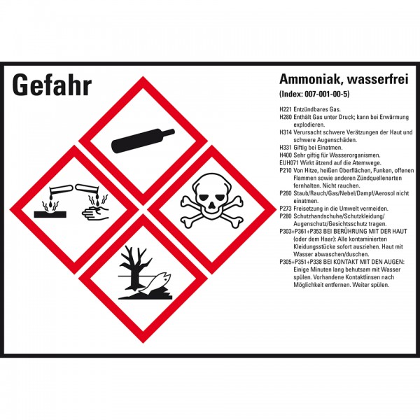 Dreifke® Aufkleber I Gefahrstoffetikett Ammoniak, wasserfrei, GefStoffV/GHS/CLP, Folie, 105x74mm, 8/Bogen