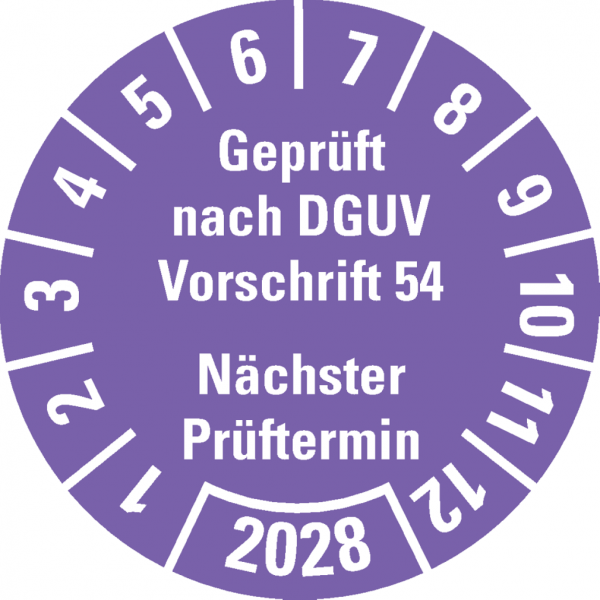Dreifke® Prüfplakette Gepr.nach DGUV Vorschrift 54 2028, violett, Dokufolie, Ø30mm, 18 Stk.