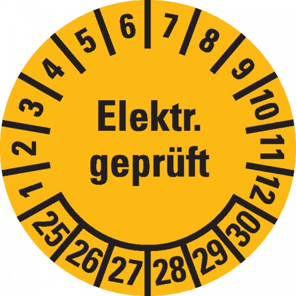 Dreifke® Aufkleber I Prüfplakette Elektr. geprüft 25-30, gelb, Dokufolie, selbstklebend, Ø 20mm, 36 Stück