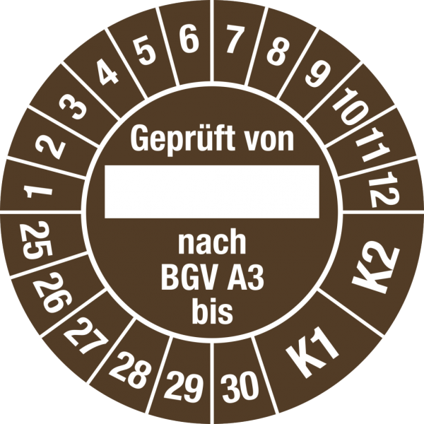 Dreifke® Prüfplakette Geprüft von nach BGV A 3 bis K1/K2 2025-2030,Folie,Ø30 mm,10Stück/Bogen