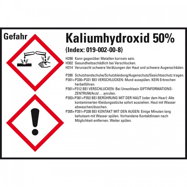 Dreifke® Aufkleber I GHS-Etikett Kaliumhydroxid 50%, GefStoffV/GHS/CLP, Folie, 148x105mm, 4/Bogen