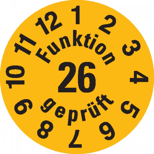 Dreifke® Prüfplakette Funktion gepr.26, gelb, Dokumentenfolie, selbstkl., Ø 15mm, 60 Stück