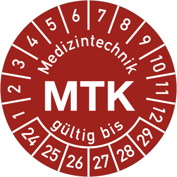 Dreifke® Prüfplakette Medizintechnik MTK 2024-2029, Polyesterfolie, Ø 15 mm, 10 Stk./Bog.