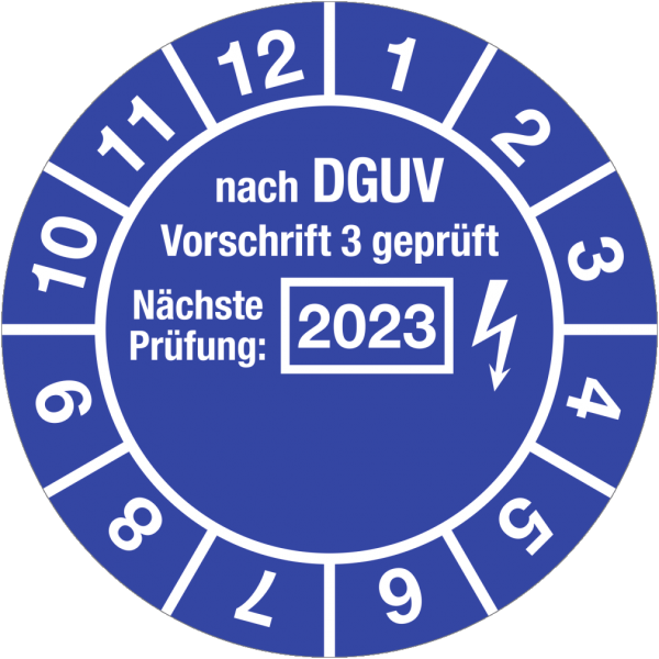 Dreifke® Prüfplakette nach DGUV,Nächste Prüfung, 2023,Dokumentenfolie,Ø 30 mm, 10 St./Bo.