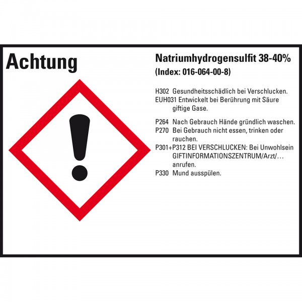 Dreifke® Aufkleber I GHS-Etikett Natriumhydrogensulfit 38-40%, GefStoffV/GHS/CLP, 148x105mm, 4/Bogen