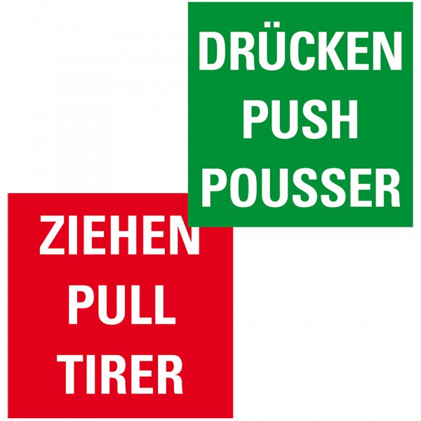 Dreifke® Aufkleber I Türhinweis Drücken/Ziehen, dreisprachig, grün/rot, Folie, selbstklebend, 80x80mm